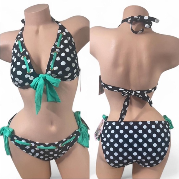 Betsey Johnson Other - Betsey Johnson Black and White Polka Dot Bikini Green Ribbon Tie Bows Retro L